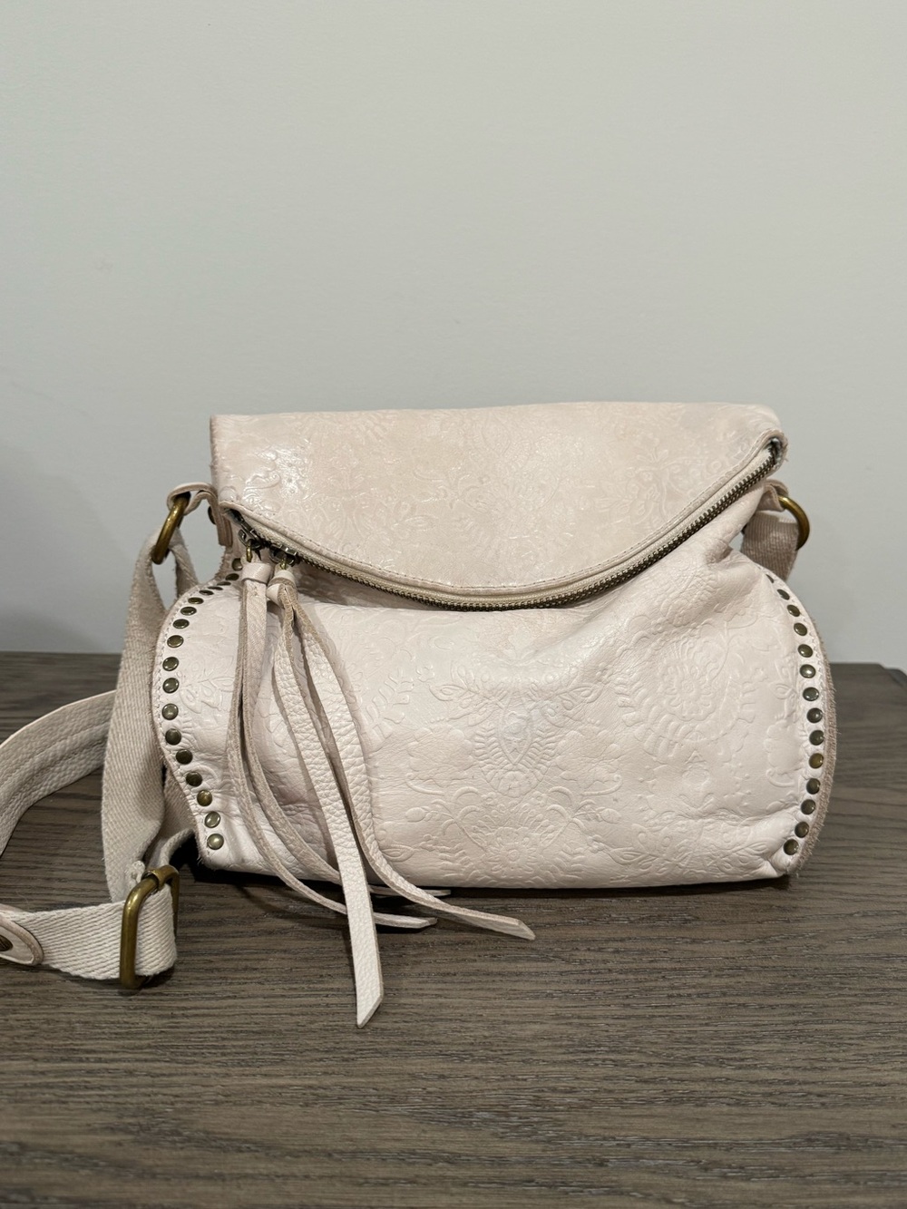 The Sak Silverlake Embossed White/Off-White Leather Foldover Zip Crossbody Bag